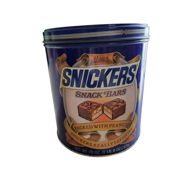 Vintage Snickers Snack Bars Mars Metal 1987 Tin Can Canister - Picture 1 of 6